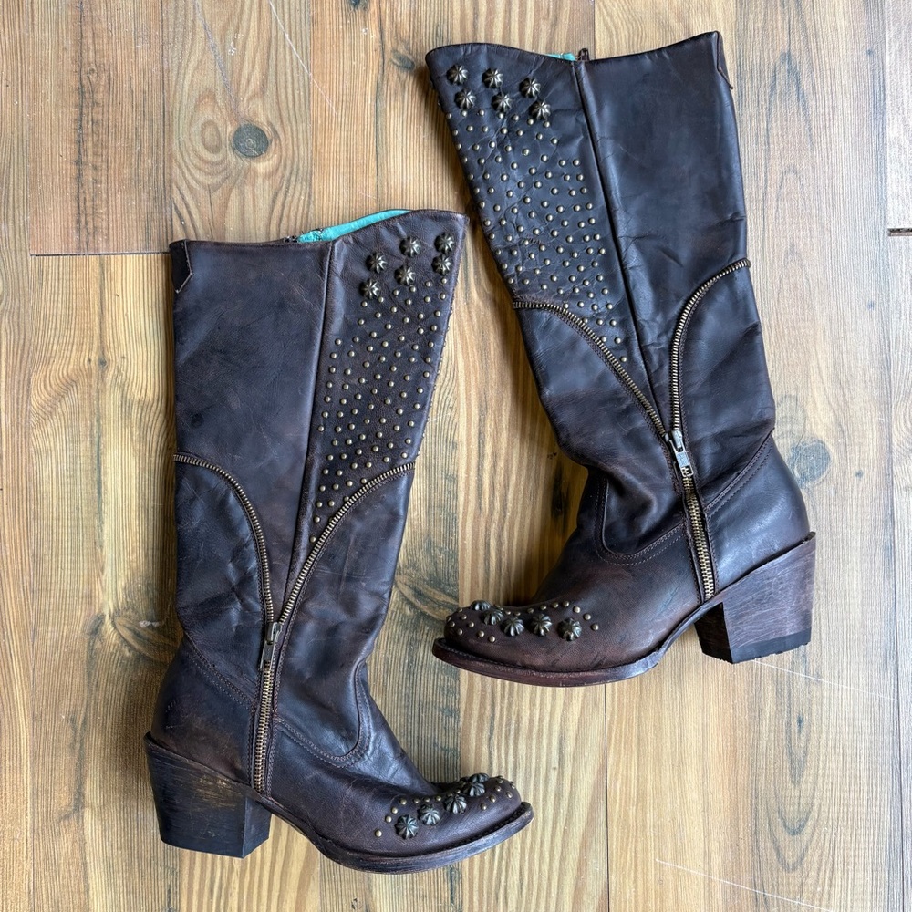Studded Denver Mountain Brown Leather Knee-High Boots Sz 7